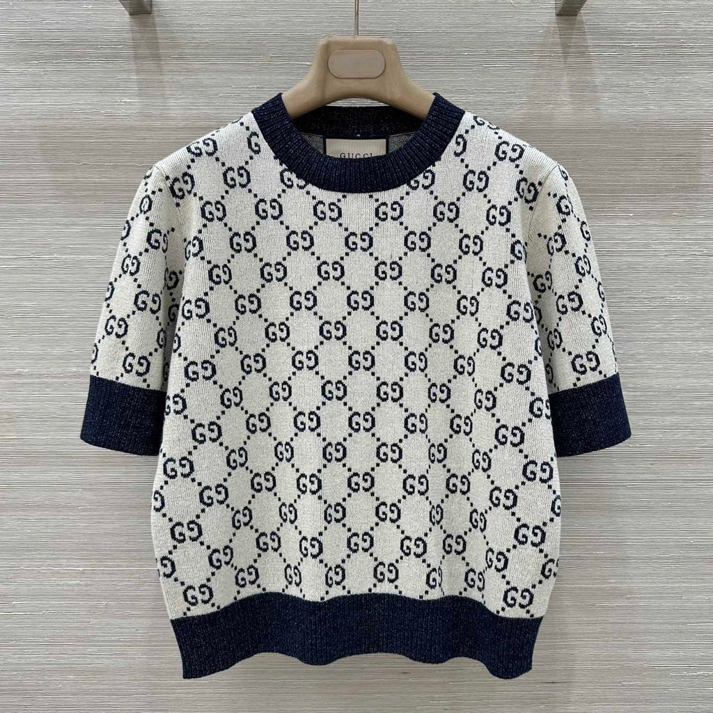 Gucci 2025 Knitted Round Neck Short-sleeved Top Blue Gray Cotton