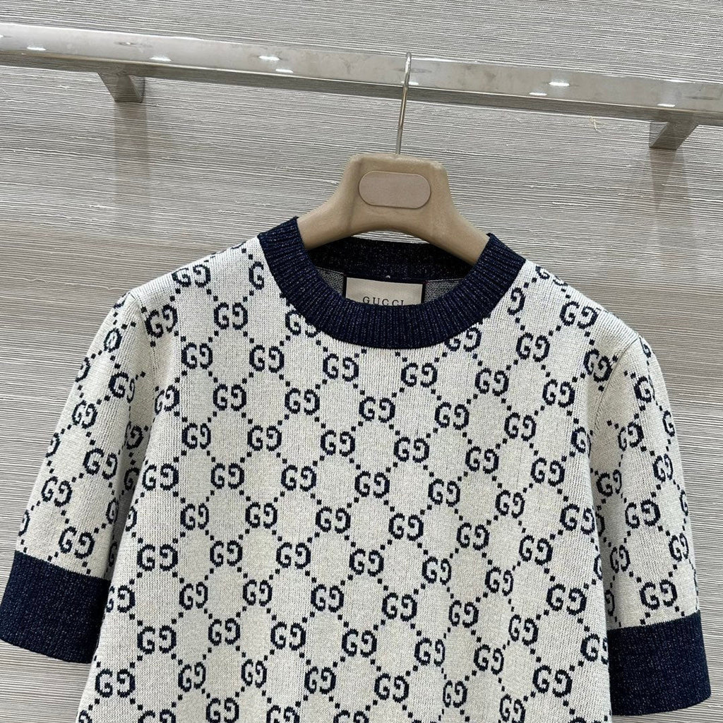 Gucci 2025 Knitted Round Neck Short-sleeved Top Blue Gray Cotton