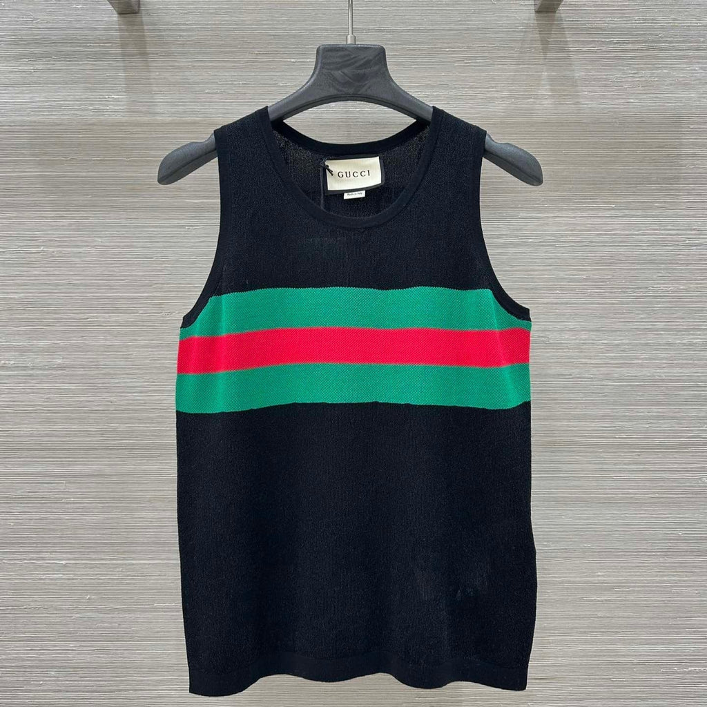 Gucci 25 Embroidered Jacquard Mesh Vest Top Black Tencel