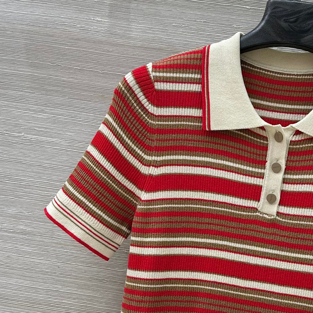 Fendi 25 Knitted Polo Short-sleeved Top Red Silk Cotton