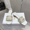 CD 26s Embroidered Flat Slippers White Gold Canvas Leather 636394