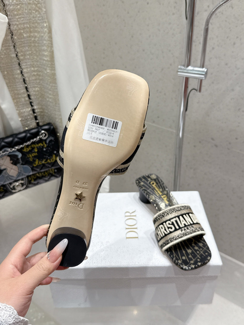 CD 26s Embroidered Flat Slippers Black Gold Canvas Leather 636395