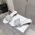 CD 26s Embroidered Flat Slippers White Gray Canvas Leather 636396