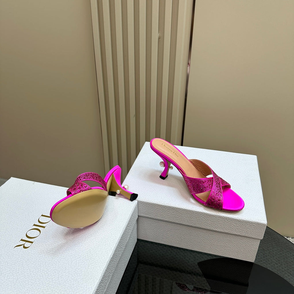 CD Tribales Heeled Slide 80mm Dark Pink Lambskin And Studded With Stones