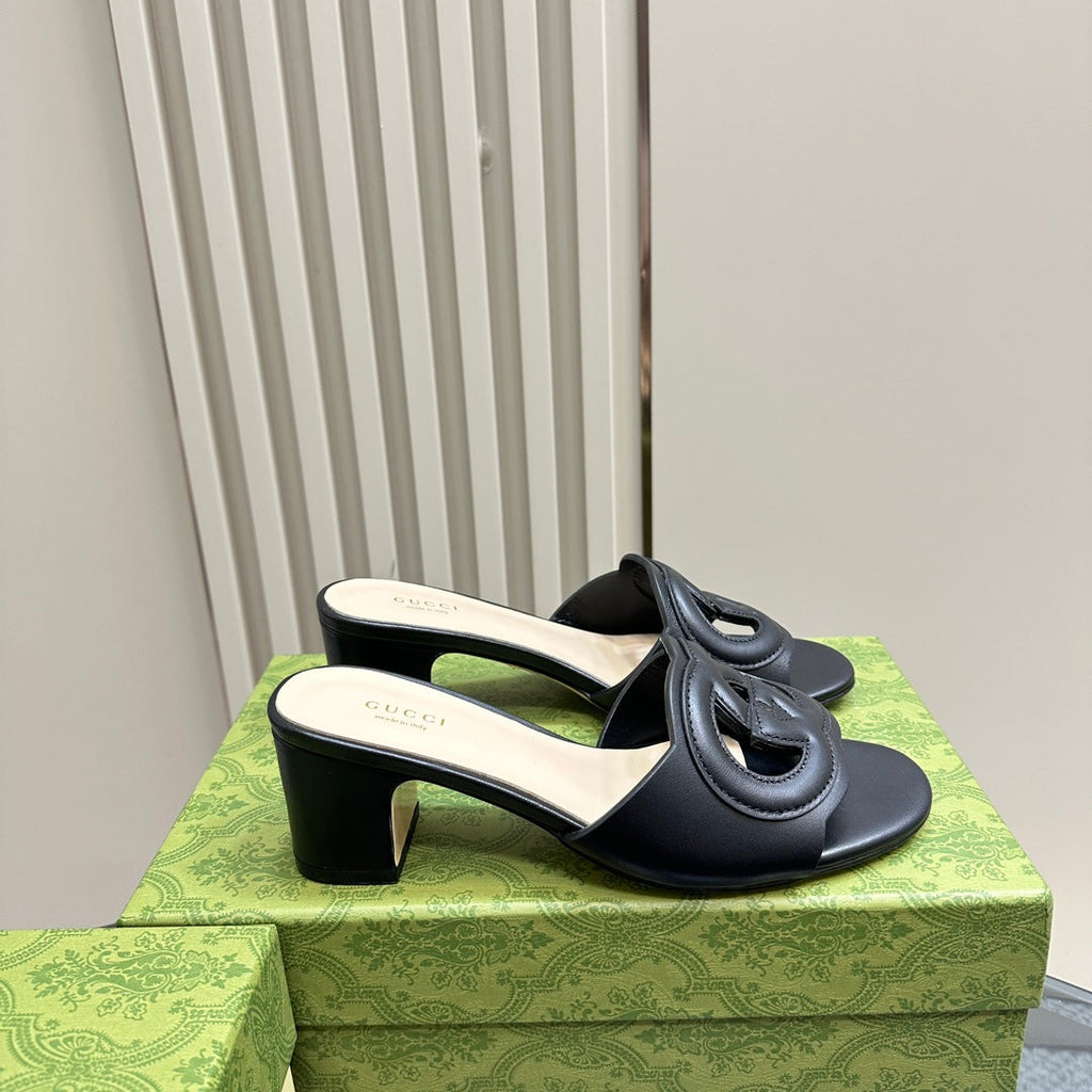 MID-HEEL 5 CM MULE IN BLACK CALFSKIN