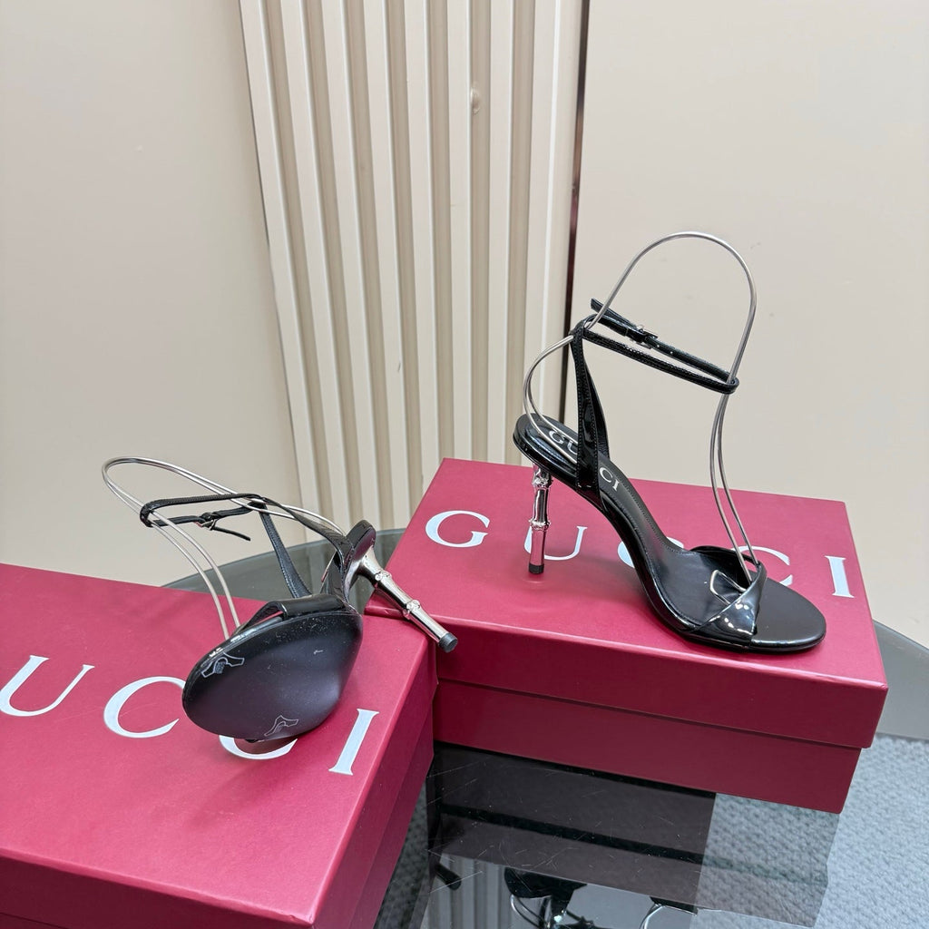 STRAP HIGH BAMBOO-EFFECT HEEL SANDAL IN BLACK PATENT CALFSKIN