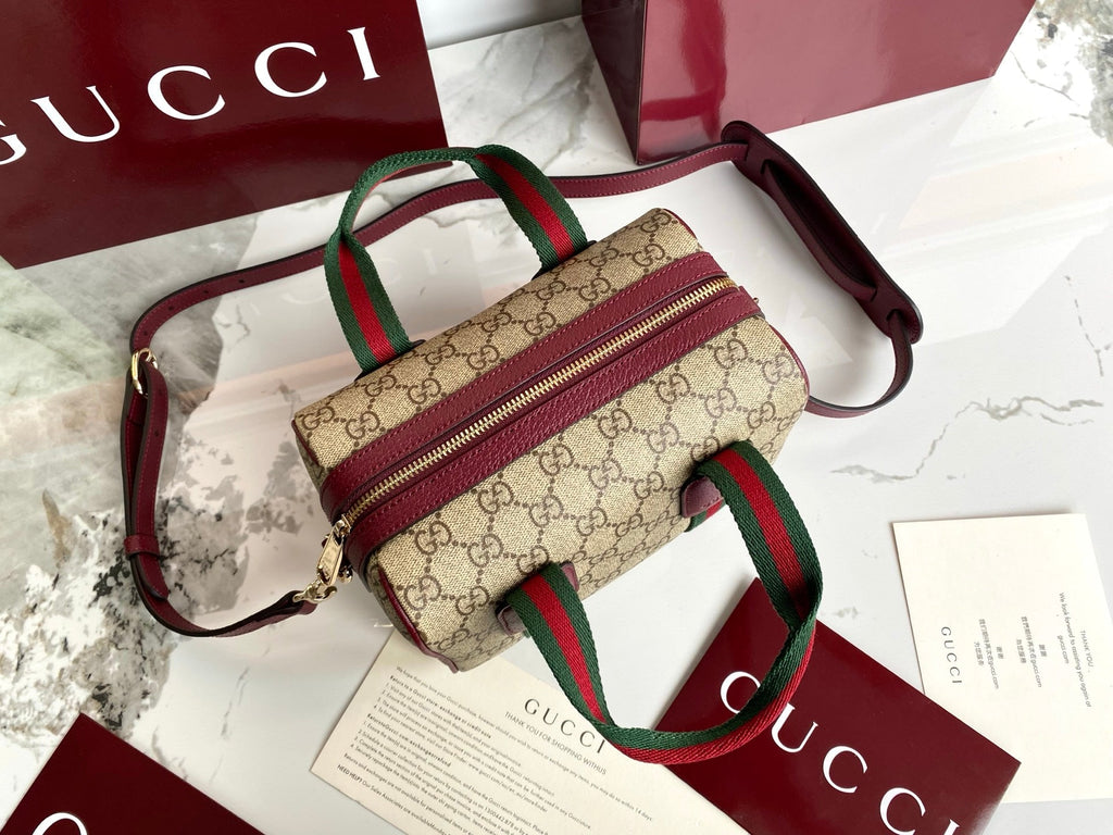 Gucci 25 GG Handbag Beige mix Rosso Ancora Red Canvas Leather 286710