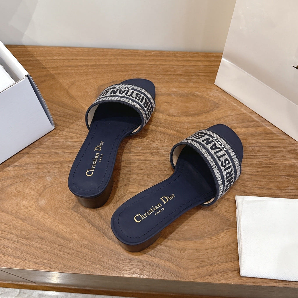 CD 26s Embroidered Sandals Navy Blue Canvas Leather 685606