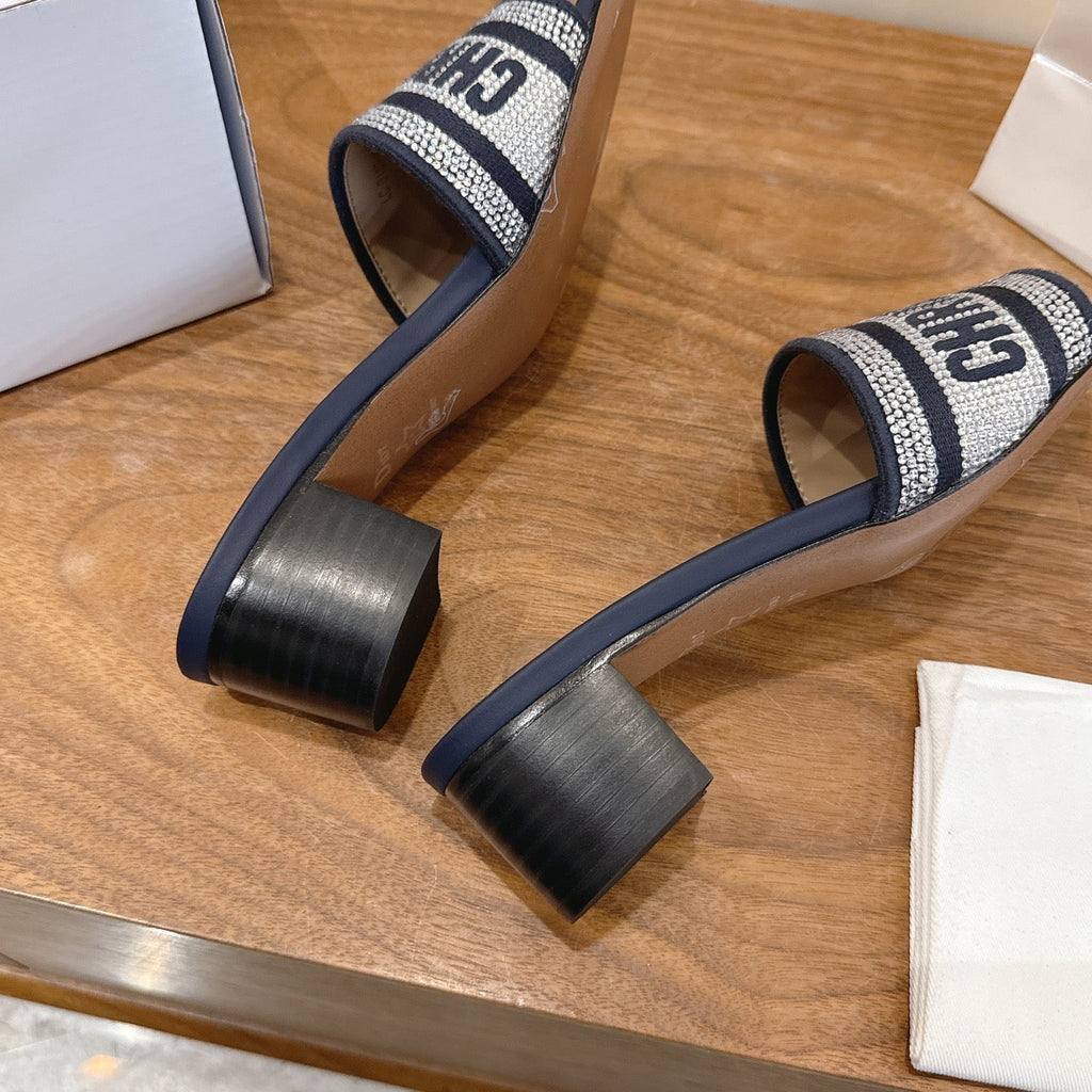 CD 26s Embroidered Sandals Navy Blue Canvas Leather 685606
