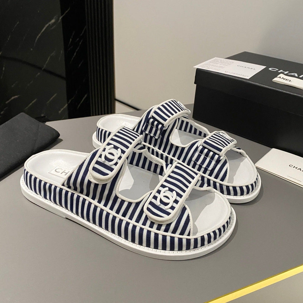 dad sandal mule striped dark blue white fabric calfskin
