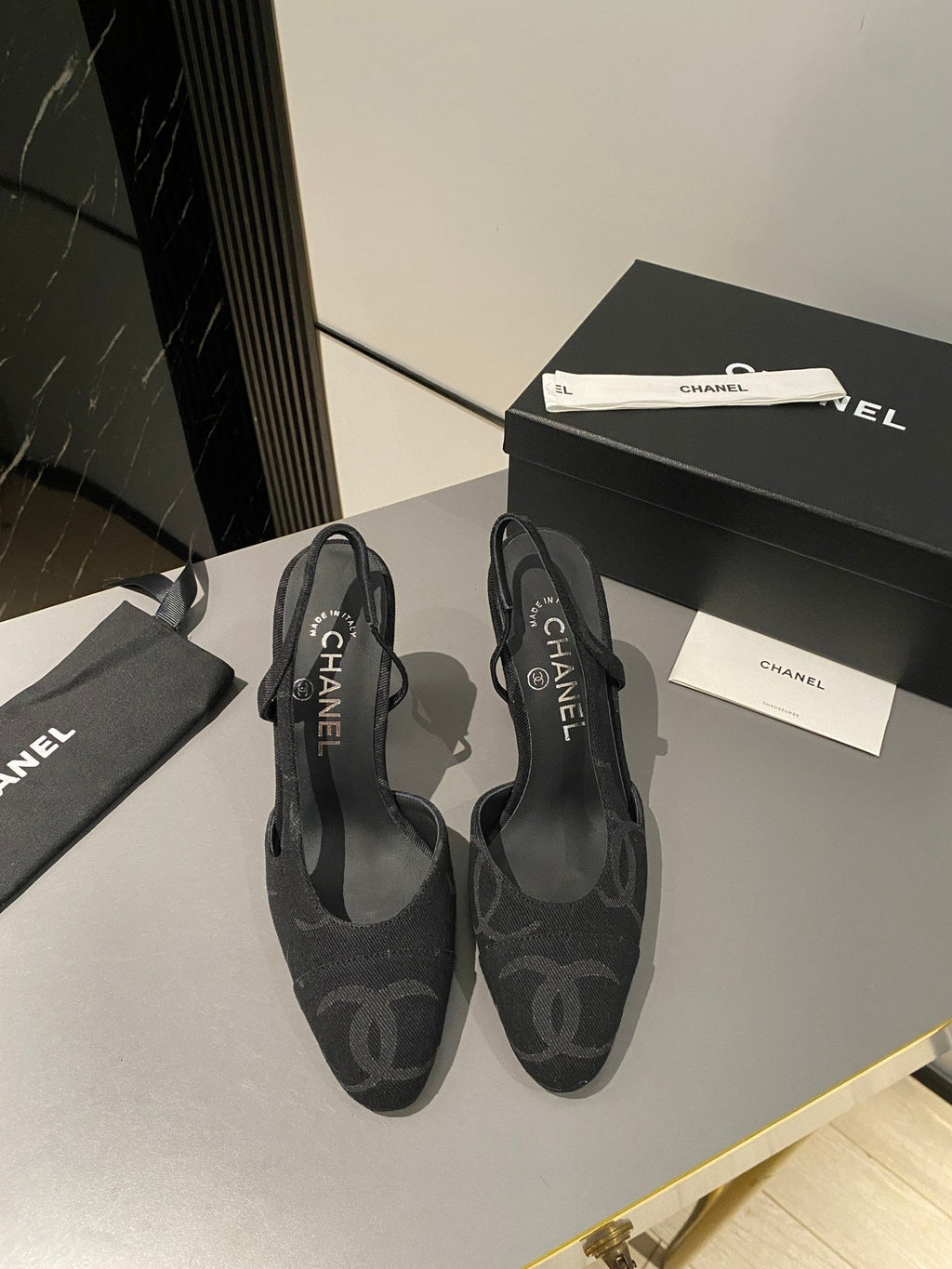 CC Slingback 95mm Black Denim Fabric