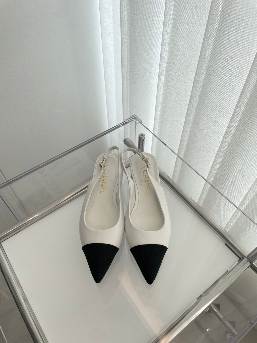 CC Slingback 15mm White Lambskin And Denim Fabric