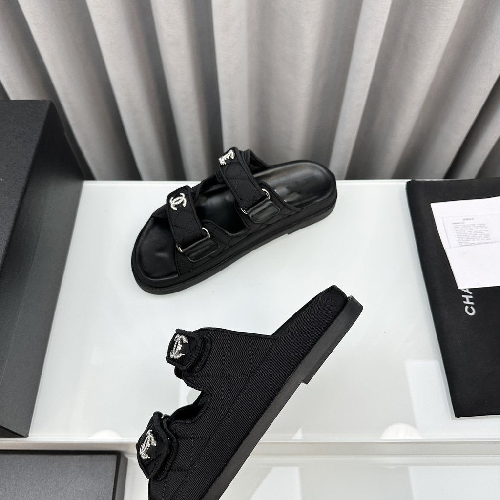 dad sandals black textile mules