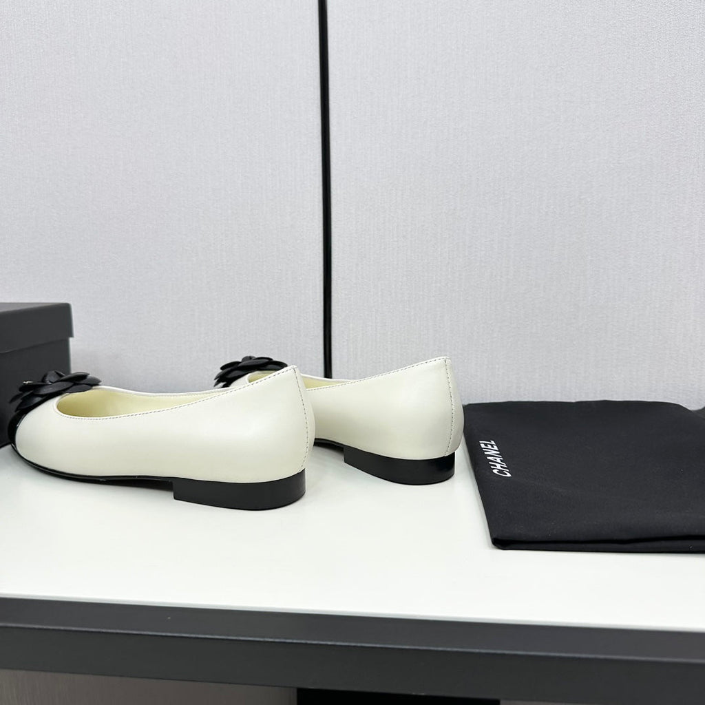 ballet flat flower cream calfskin black patent calfskin