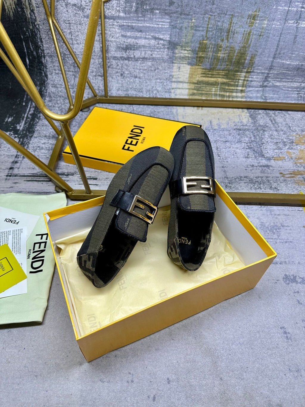 FENDI BAGUETTE LOAFERS IN OLIVE GREEN MIX BLACK CANVAS GOLD HARDWARE