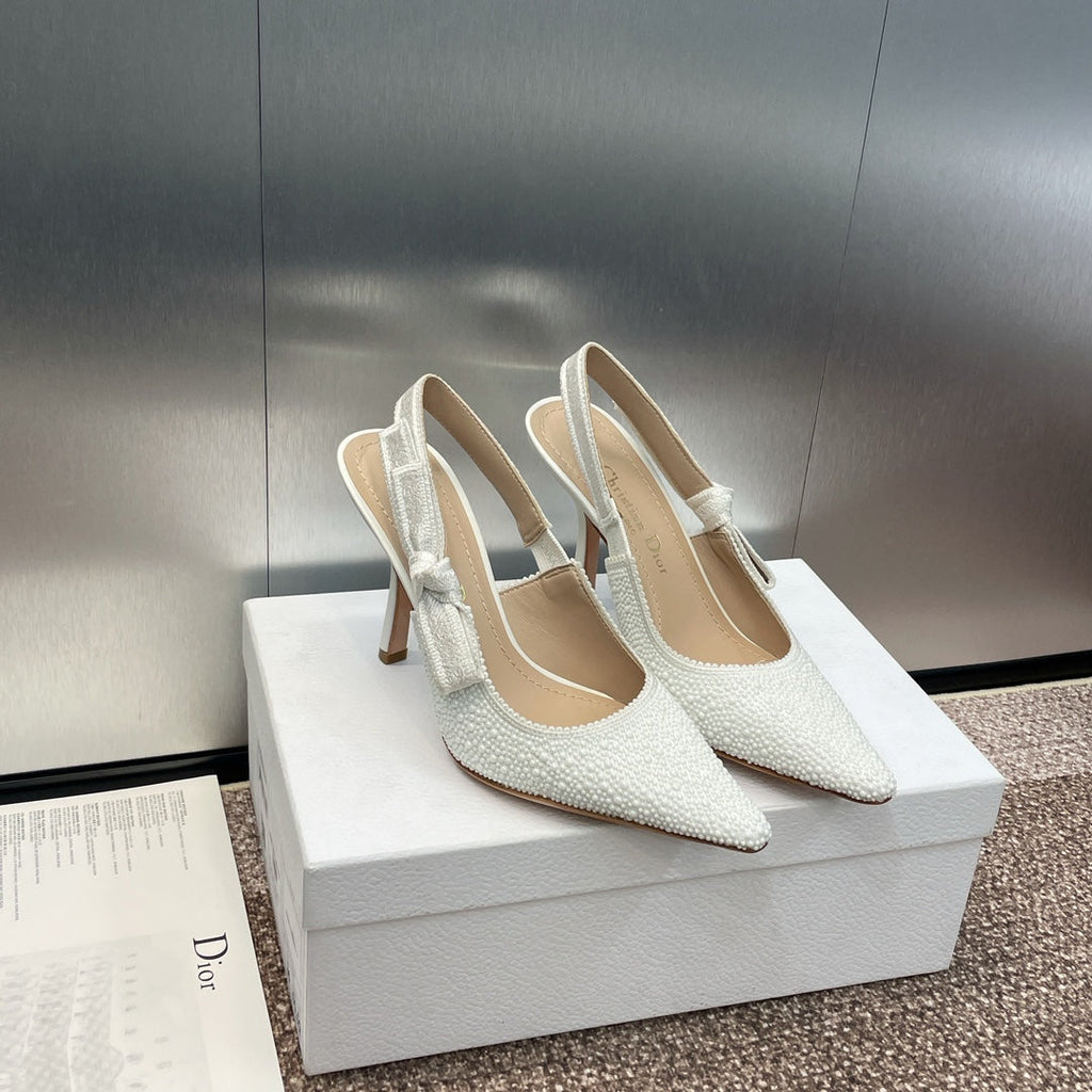 cd slingback pump 95 embroidered cotton white calfskin resin pearl