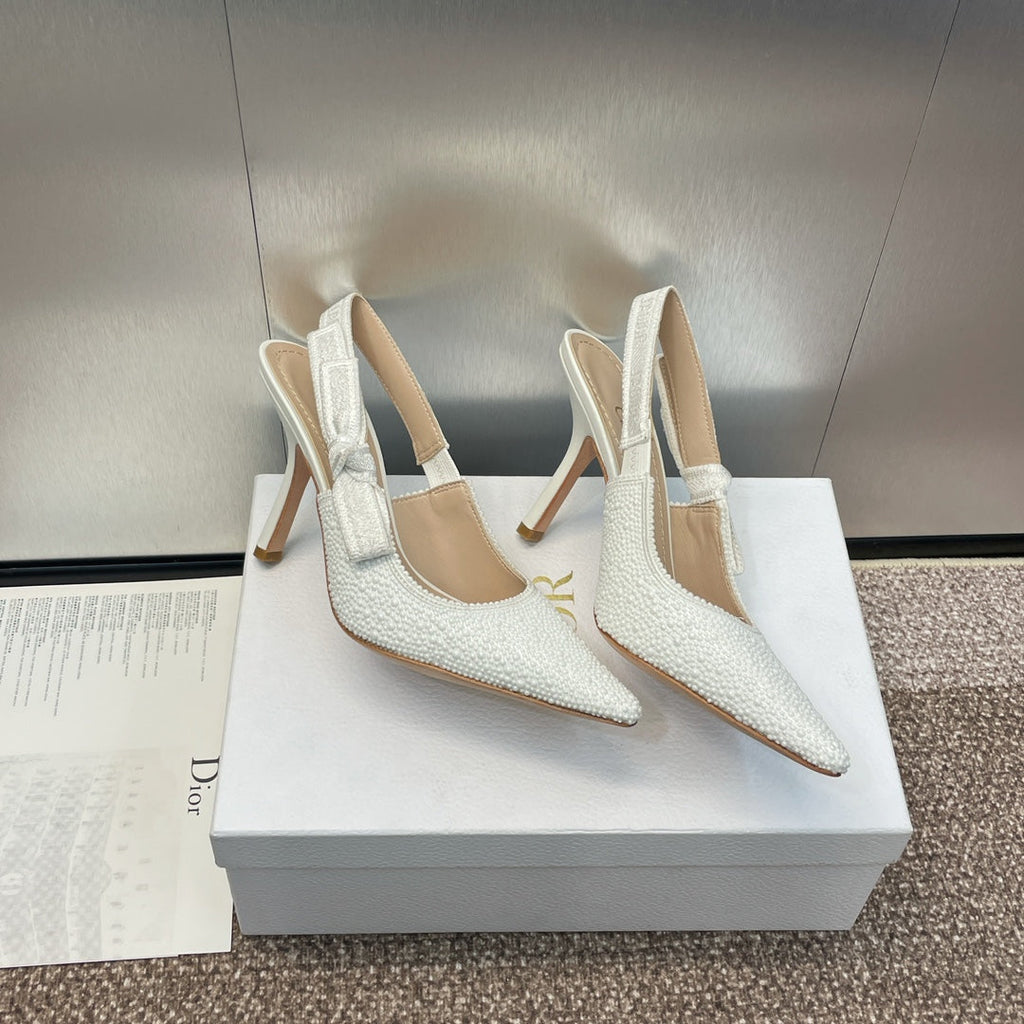 cd slingback pump 95 embroidered cotton white calfskin resin pearl
