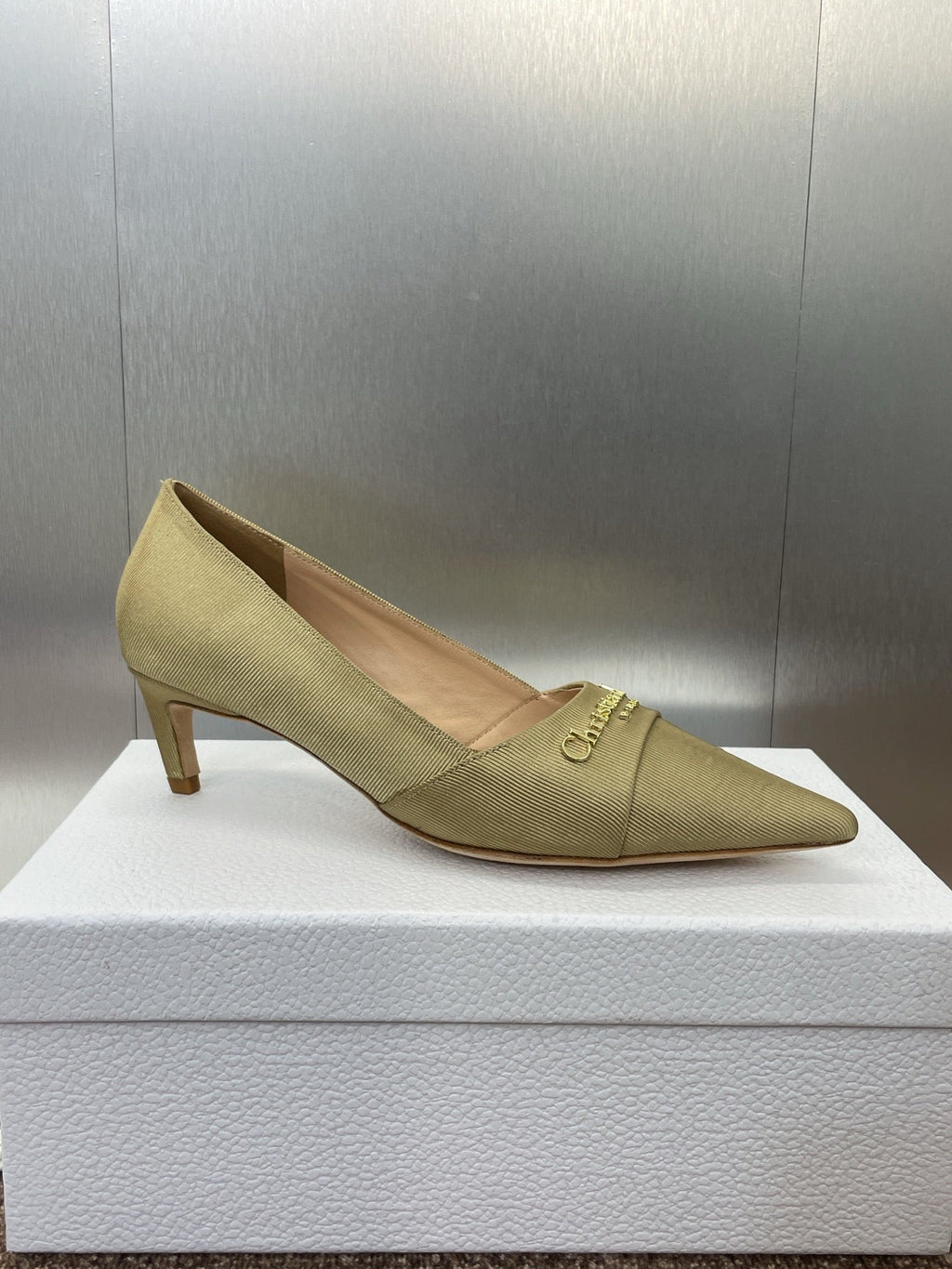 MY DD 25S HIGH HEEL 55MM IN KHAKI GOLD FABRIC GOLD LOGO