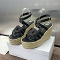 D-CLUB 25S HIGH HEEL WEDGE 100MM IN BLACK CALFSKIN RAFFIA SOLE