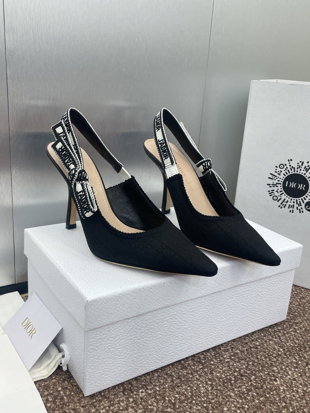 J'ADIOR SLINGBACK 25S PUMP 95MM IN BLACK QUAKE OBLIQUE EMBROIDERED FABRIC