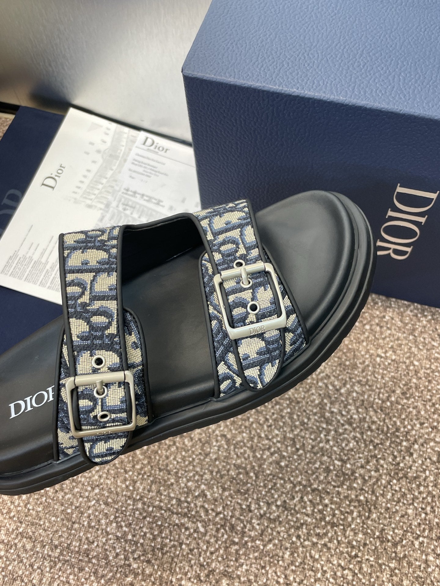 DIOR 25S DIORACT SLIDE IN DEEP BLUE CALFSKIN AND CANVAS SILVER HARDWARE