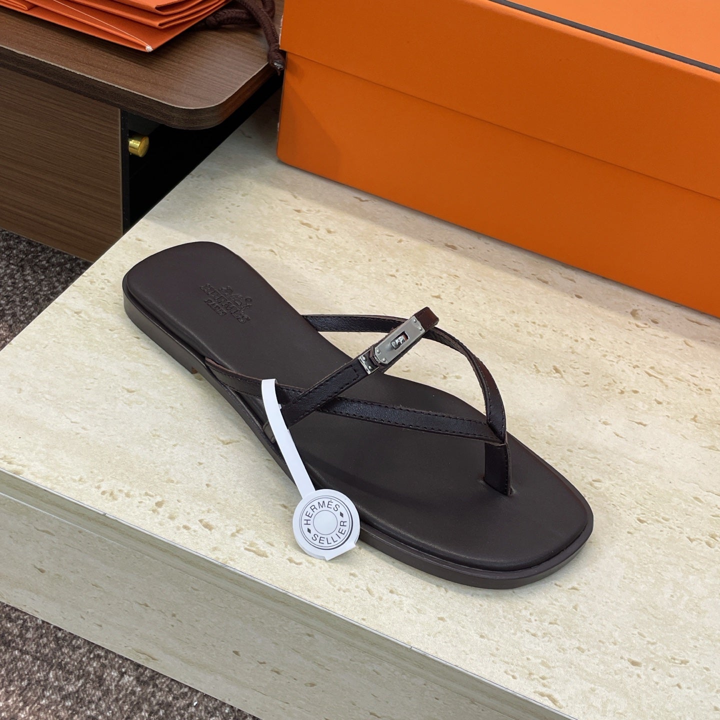 HM 26ss Kelly Sliver Buckle Slipper Dark Chocolate Calfskin 607156