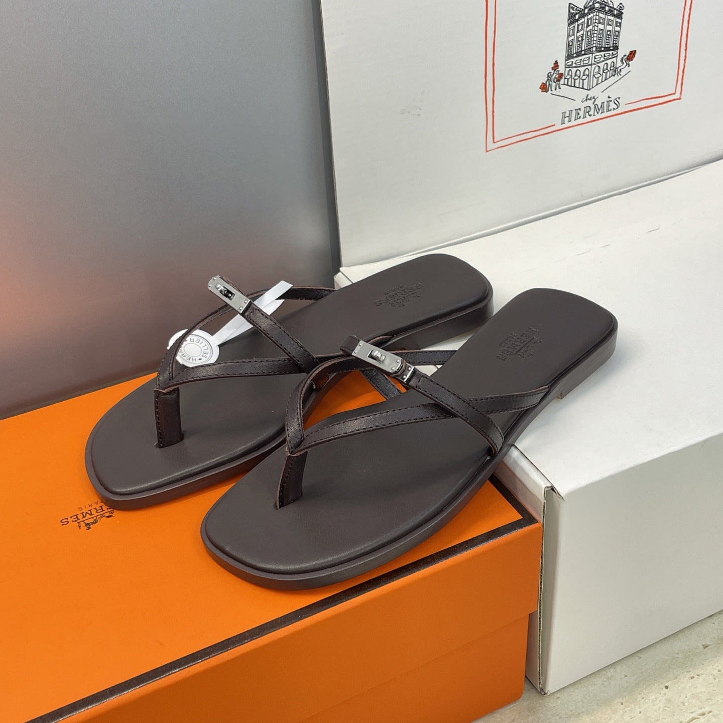 HM 26ss Kelly Sliver Buckle Slipper Dark Chocolate Calfskin 607156