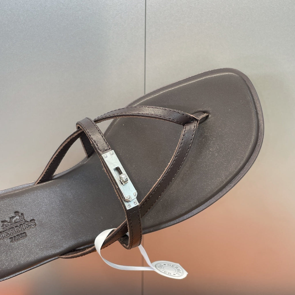 HM 26ss Kelly Sliver Buckle Slipper Dark Chocolate Calfskin 607156