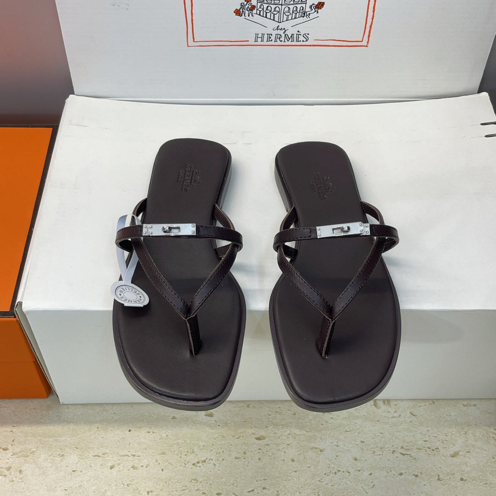 HM 26ss Kelly Sliver Buckle Slipper Dark Chocolate Calfskin 607156
