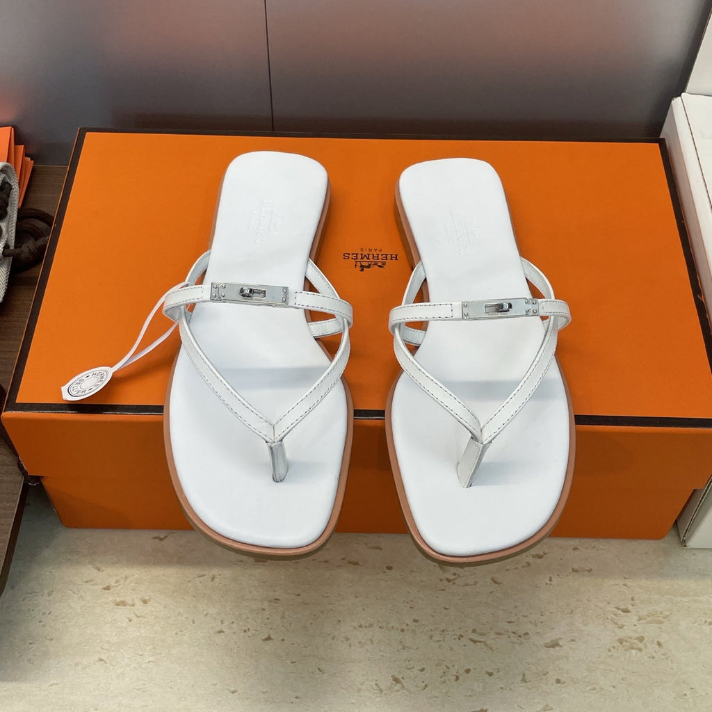 HM 26ss Kelly Sliver Buckle Slipper White Calfskin 607159