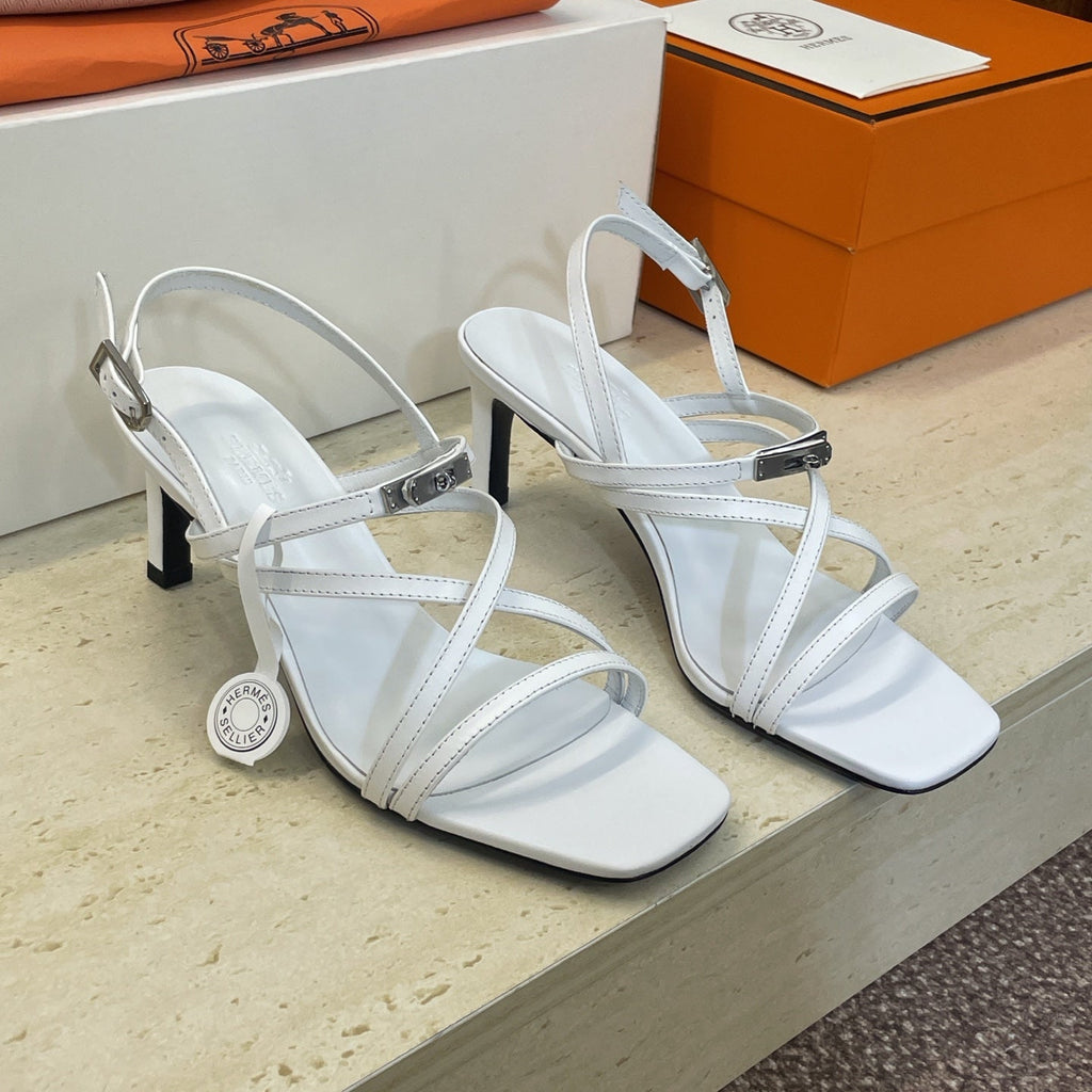 HM 26ss Kelly Sliver Buckle Sandals 65 White Calfskin 607168