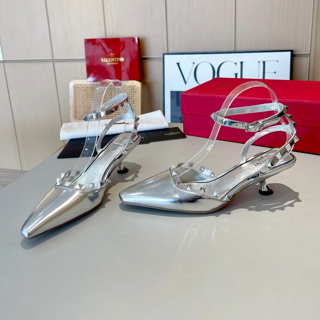 ROCKSTUD CAGED SLINGBACKS 5 CM IN SILVER CALFSKIN