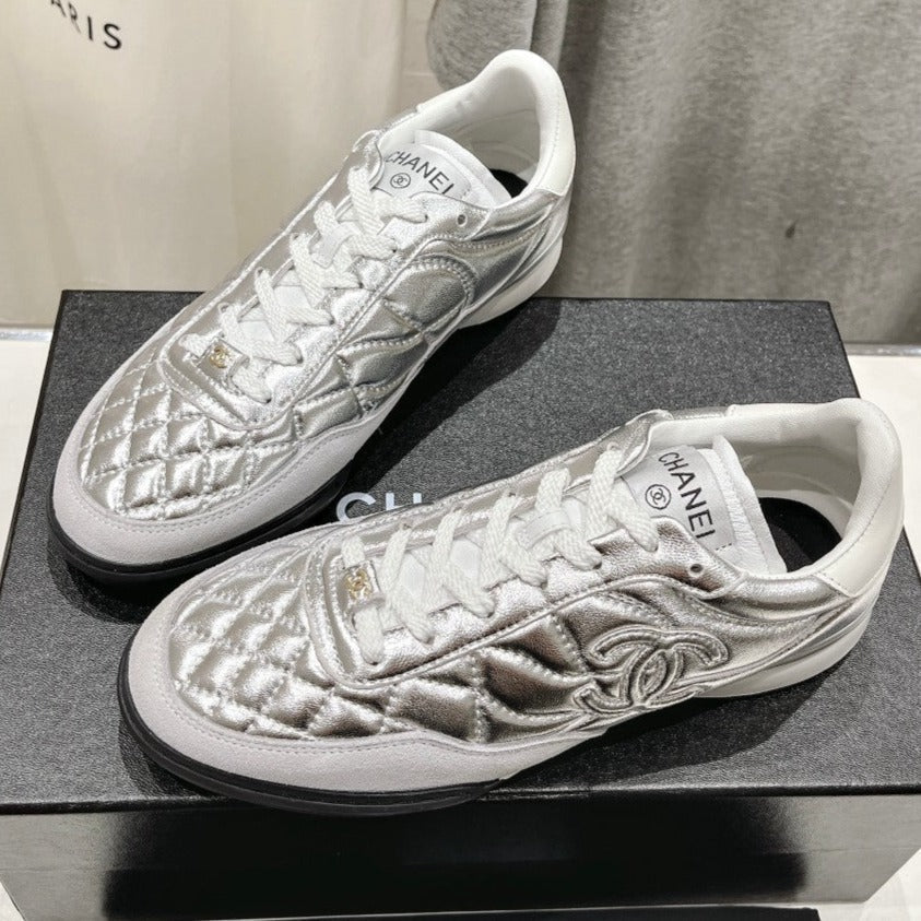 Double C  New Quilted Panda Shoes Silver Sheepskin