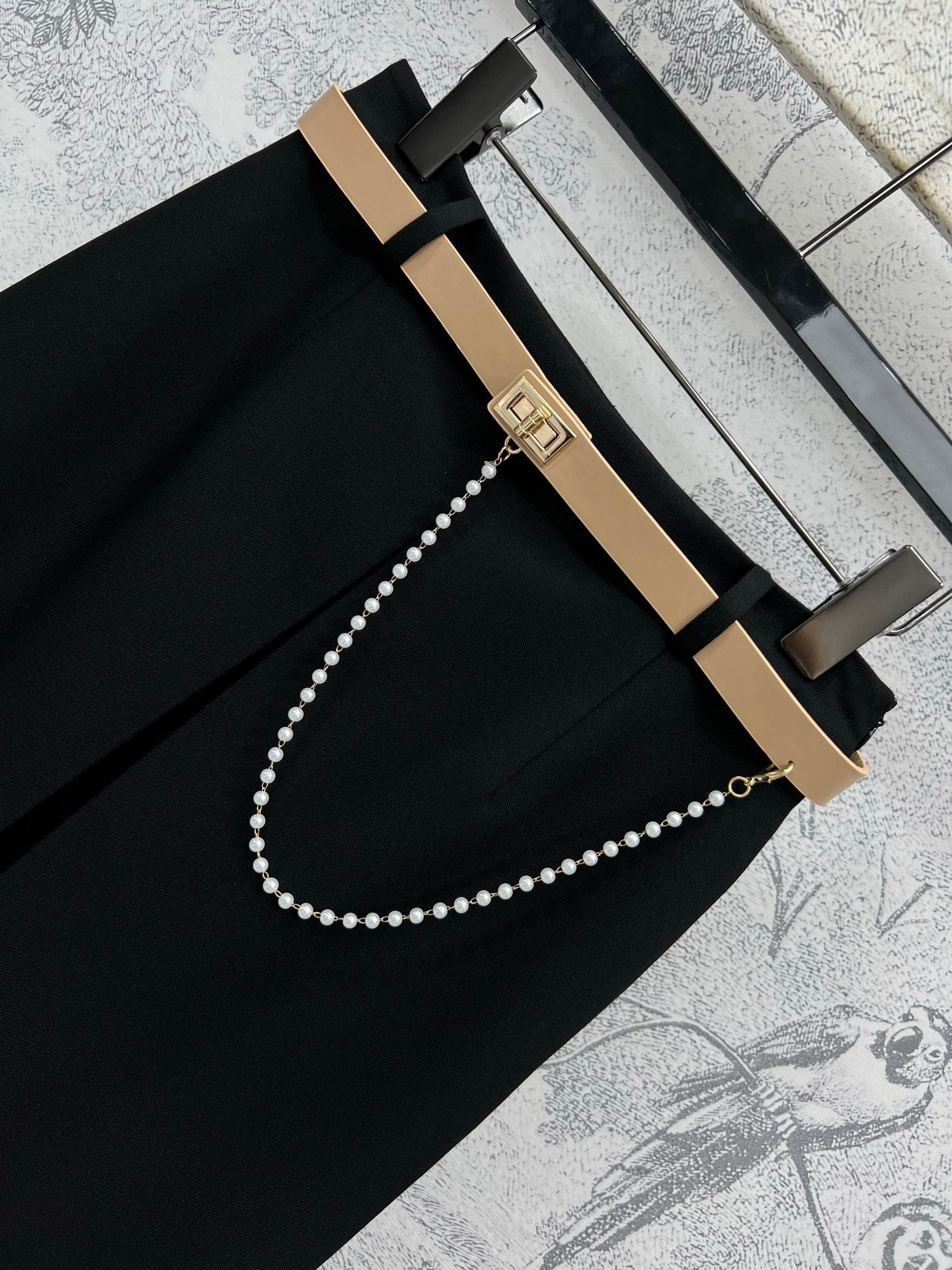 CD 25 A-line Pleated Long Skirt With Belt And Zipper Black Polyester Cotton