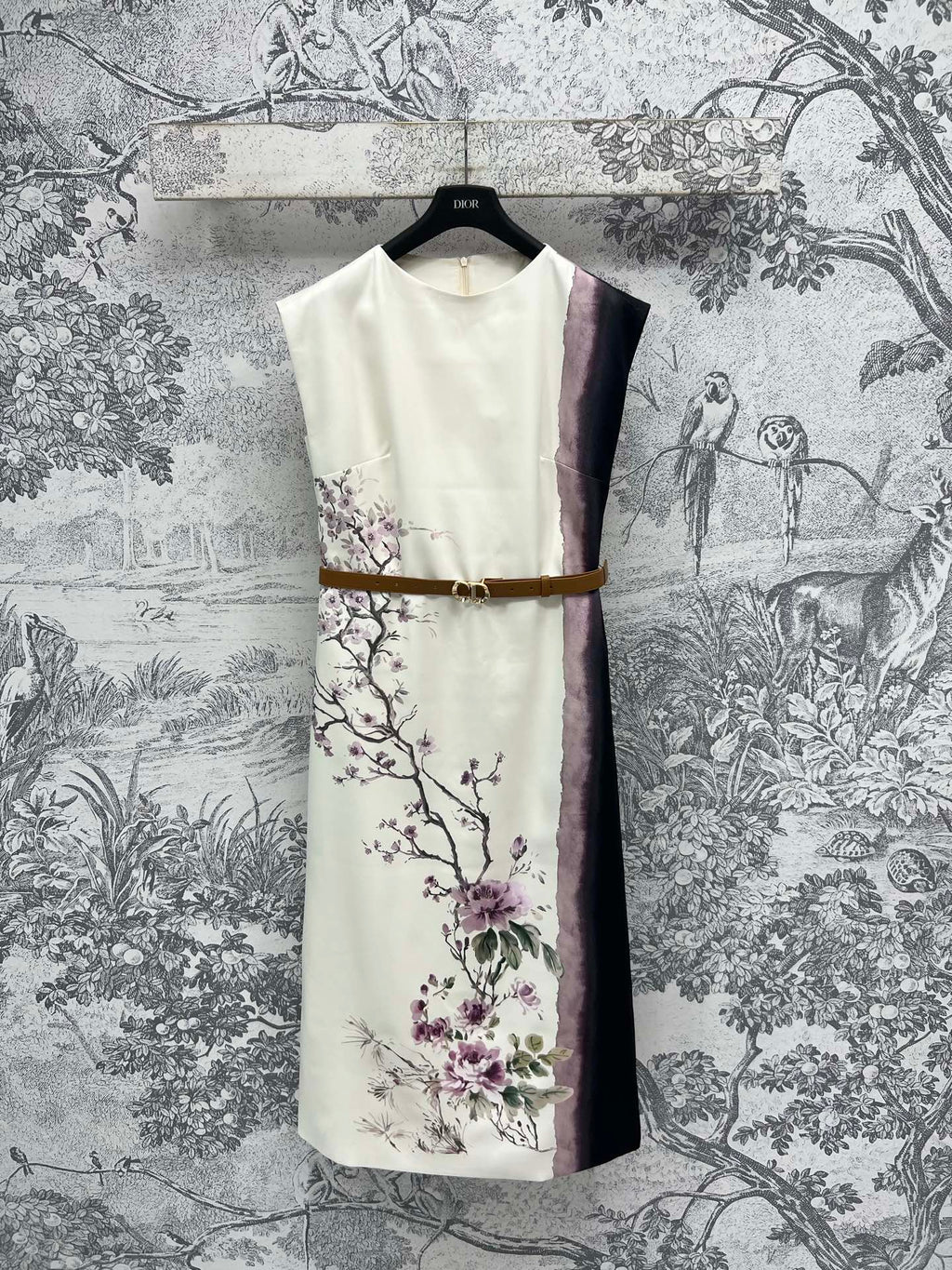 CD 25 Floral Print Sleeveless Dress Beige Silk