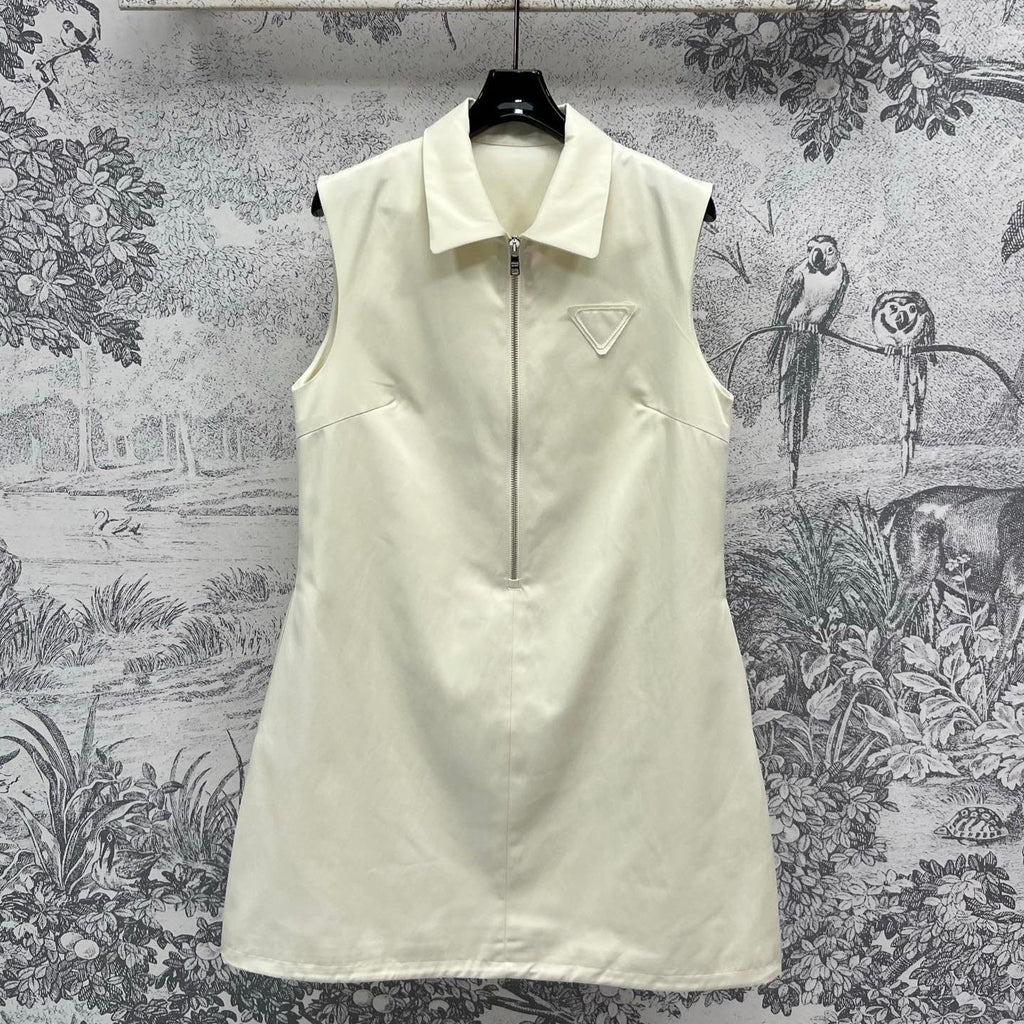 Prada 25 Sleeveless Waist Dress White Cotton Polyester