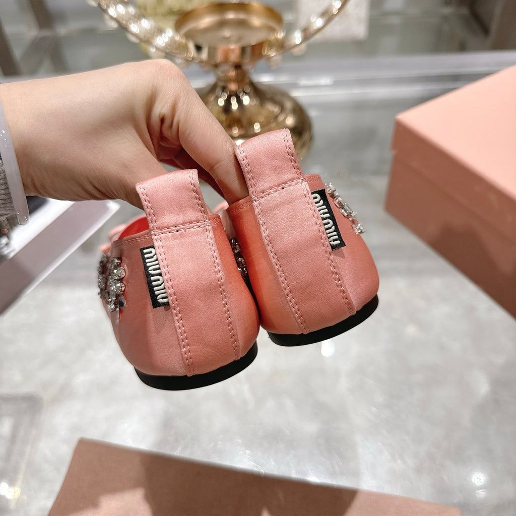 Miu 26 Ballet Flats with Crystal Rhinestones Pink Silk Satin 592102
