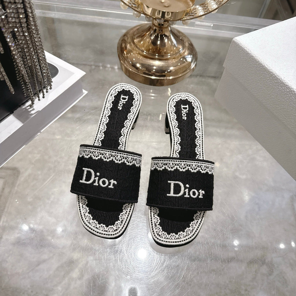 CD 26 Embroidered Sandals 45mm Black White Canvas 592240