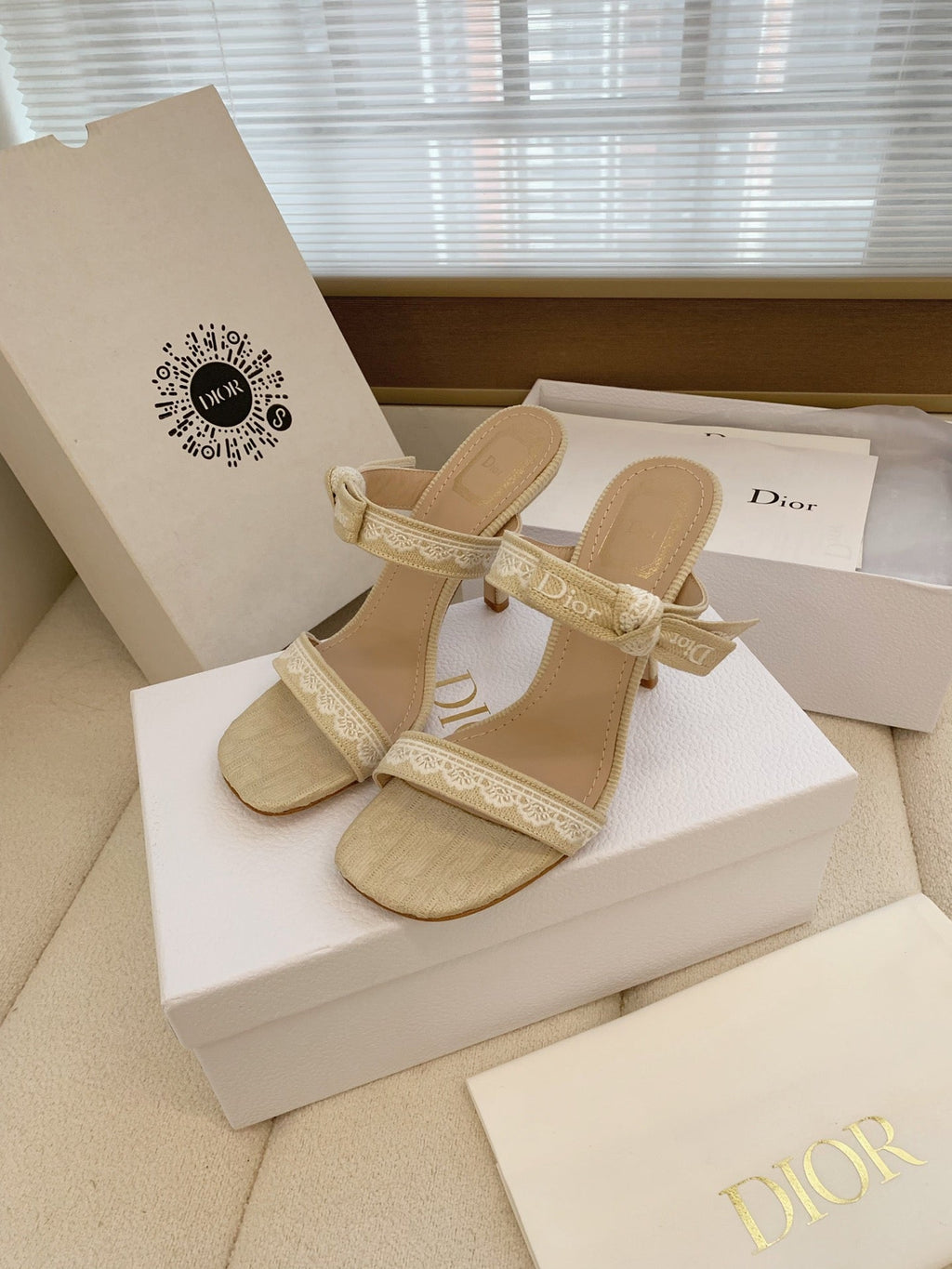 CD 26s High Heel Sandal 100 Beige Canvas Sheepskin  664179