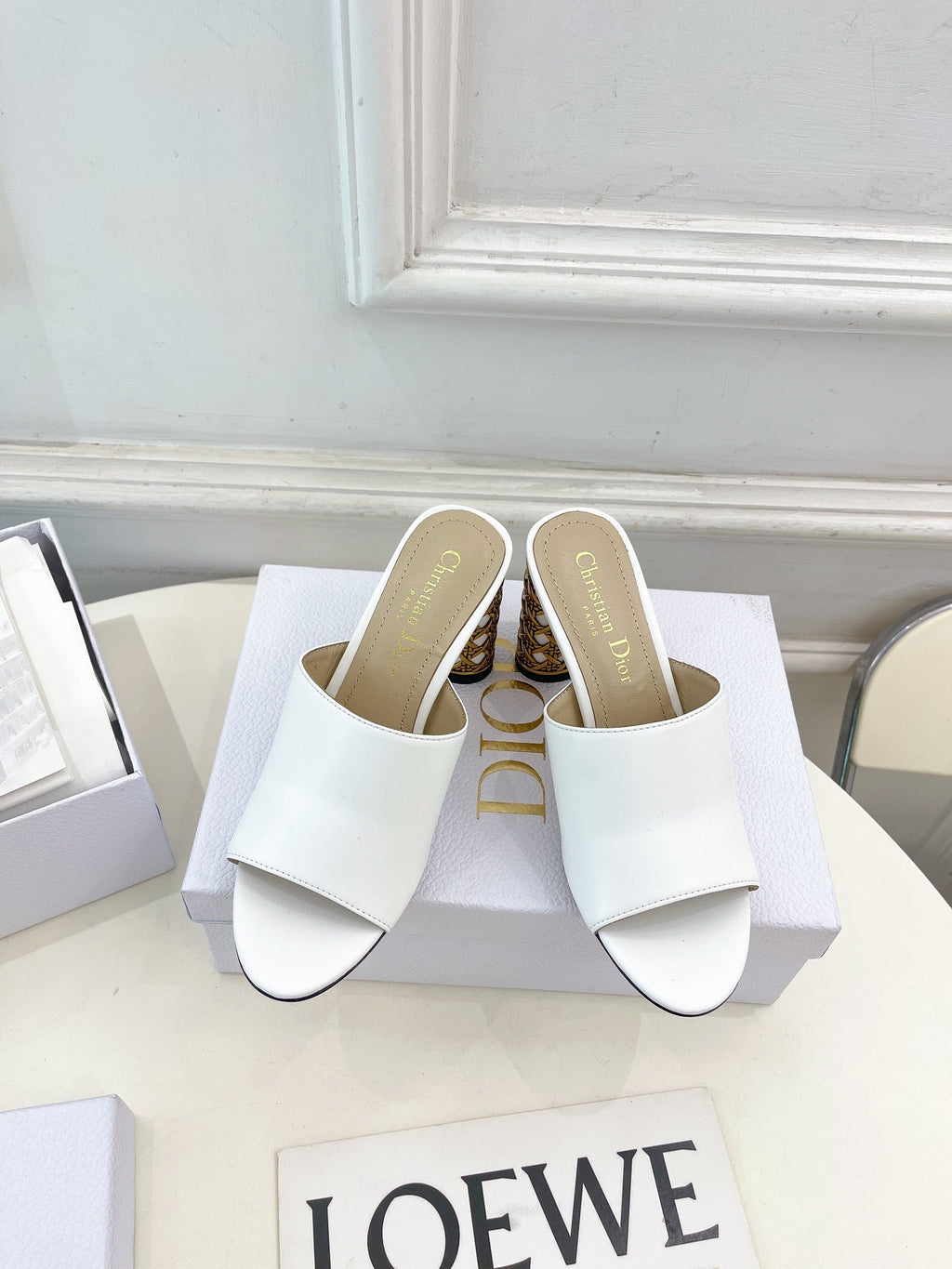 CD Icon Heeled Slide 80mm White Calfskin