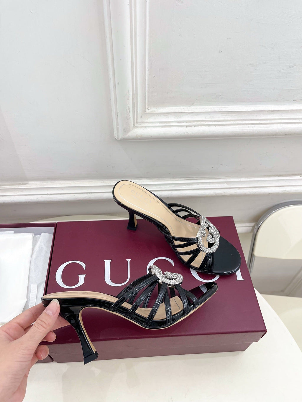 GG 26 High-Heeled Mules 85 Black Beige Patent Leather 587083