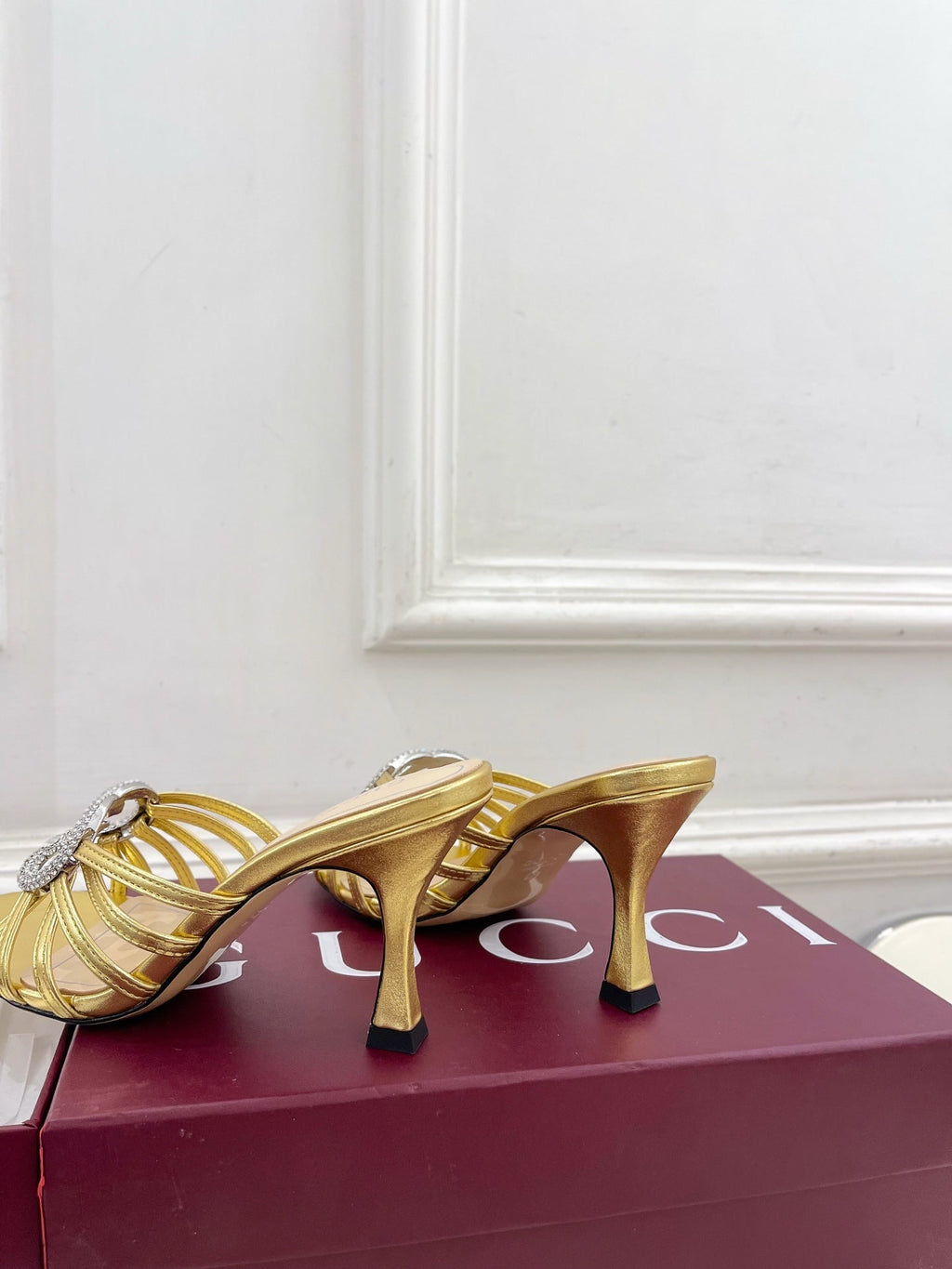 GG 26 High-Heeled Mules 85 Gold Metallic Leather 587087