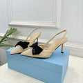 PRADA 26S POINTED-TOE SLINGBACK HEELS 75MM IN BEIGE MESH WITH BLACK BOW