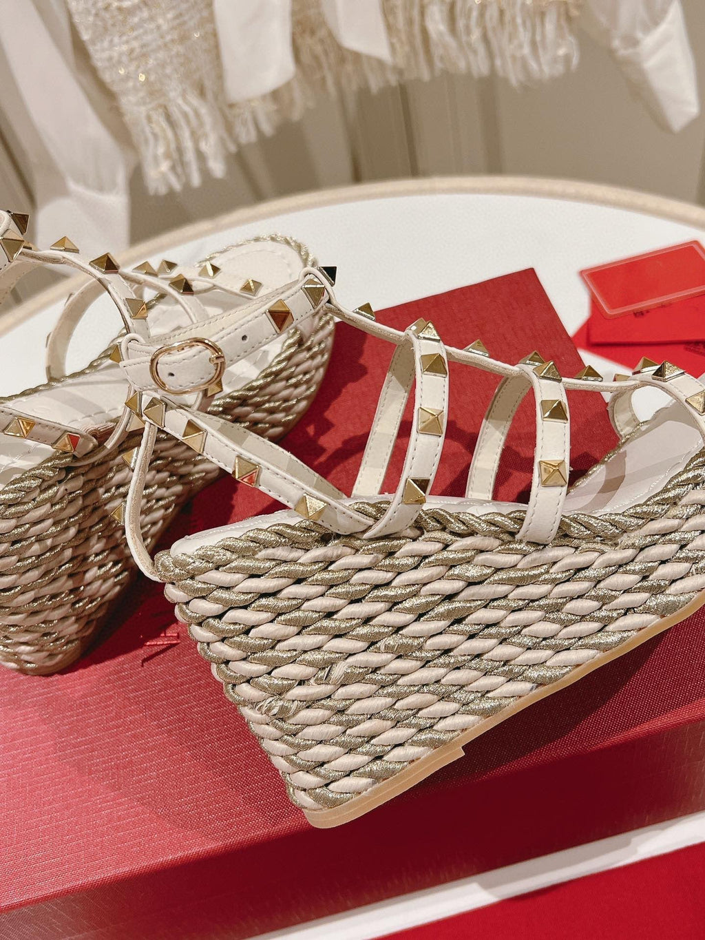 Rockstud Ankle Strap Wedge Sandal Calfskin White 10cm